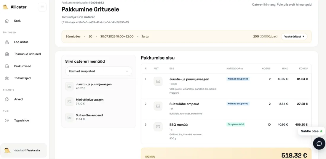 Cateringi pakkumise detailvaade