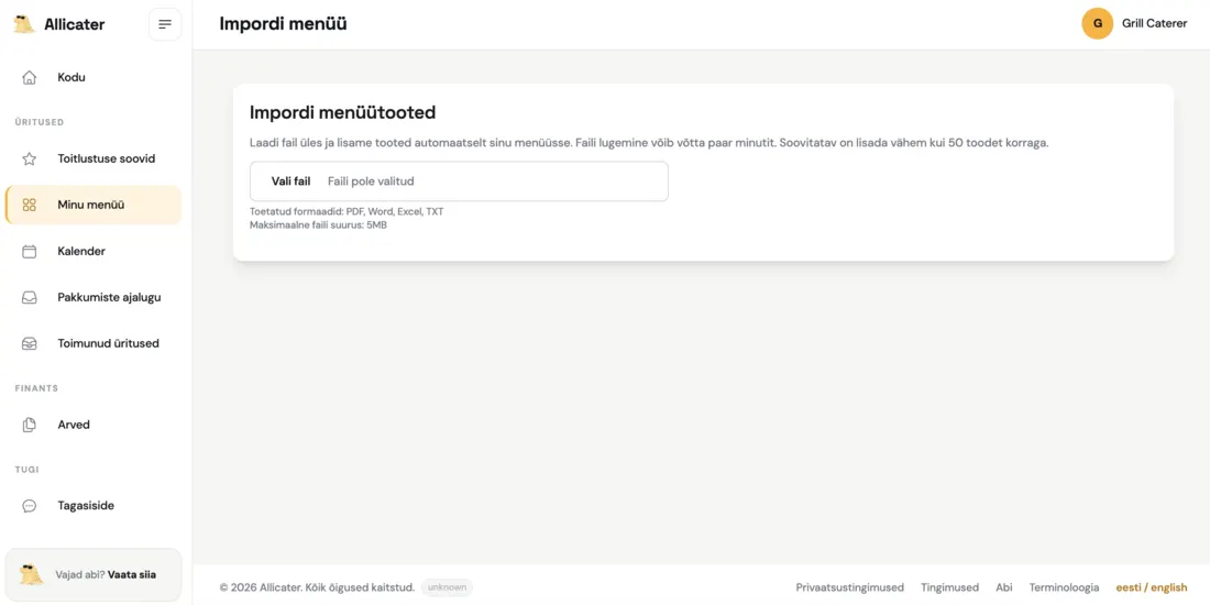 Menüü import failist Allicateris