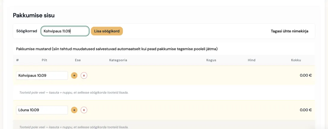 Pakkumise jagamine söögikordadeks