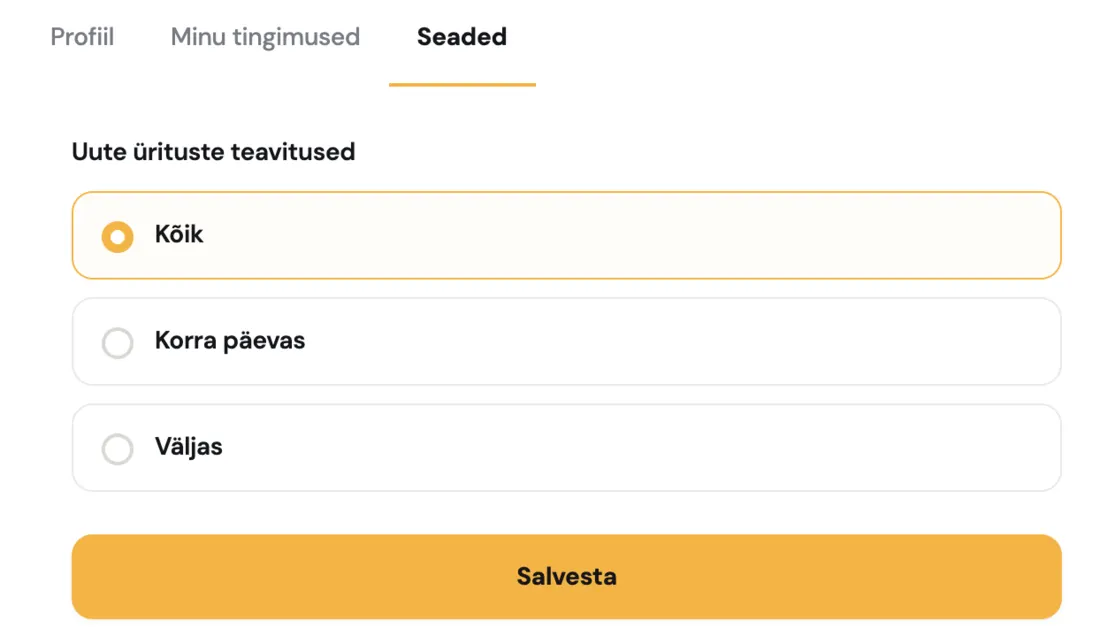 Toitlustaja seaded ja teavitused